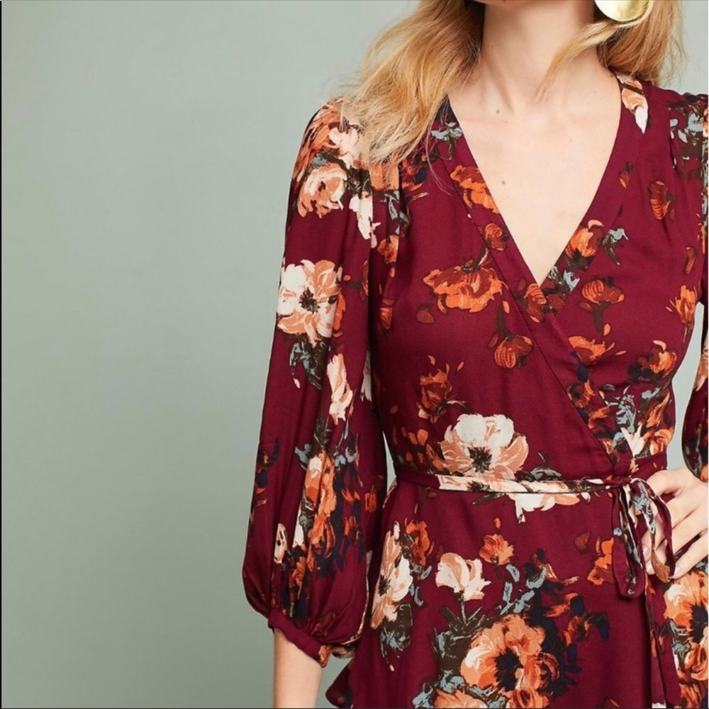 Anthropologie Burgundy Floral Wrap Top